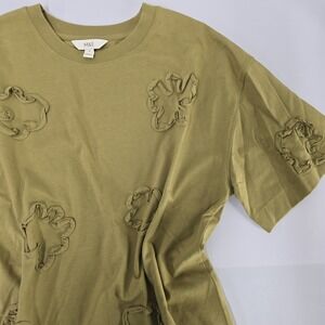 M&S Khaki Green T Shirt Women Size 12 3D‎ Flower Applique Short Sleeve Crew Neck